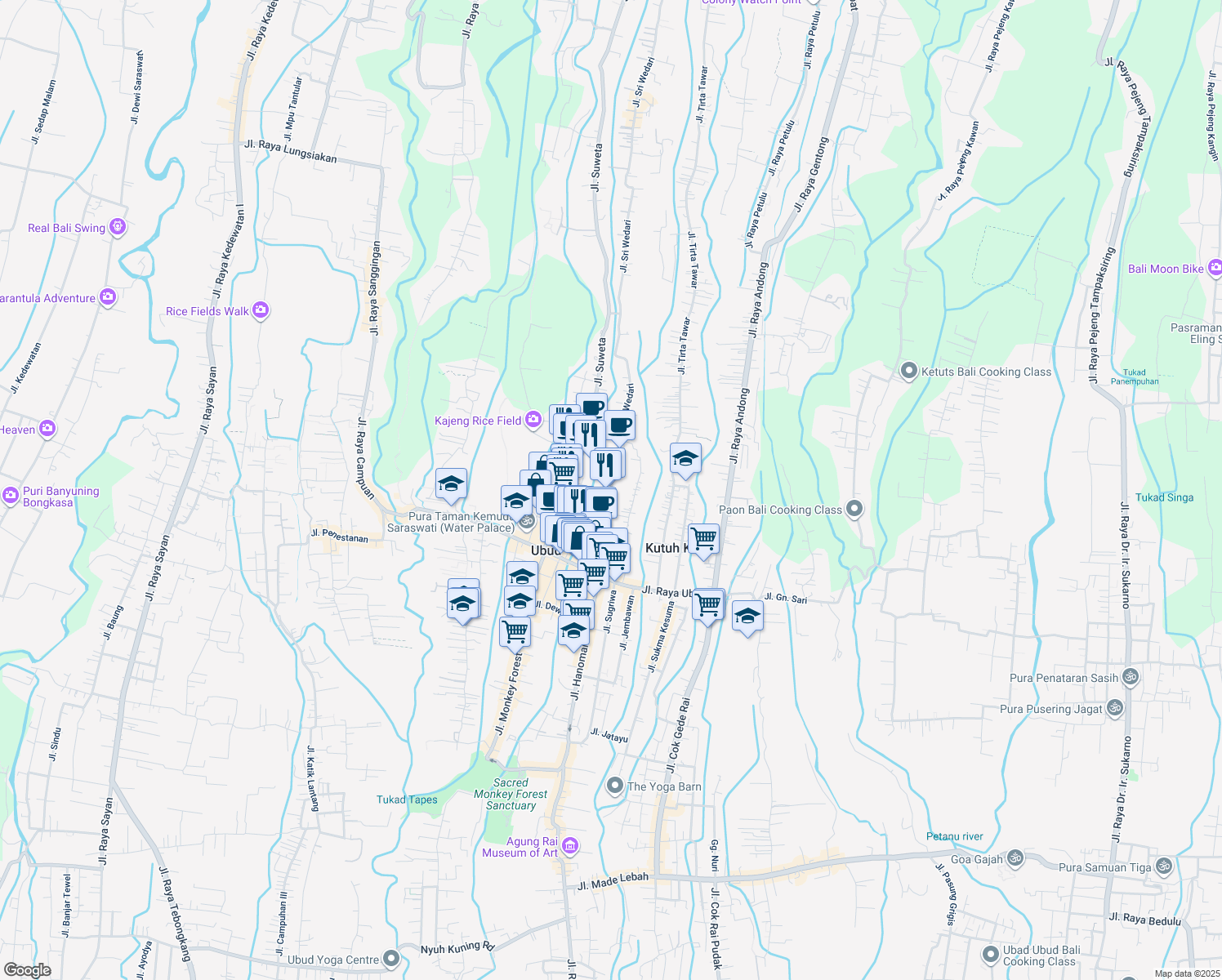 map of restaurants, bars, coffee shops, grocery stores, and more near Jalan Sriwedari in Ubud