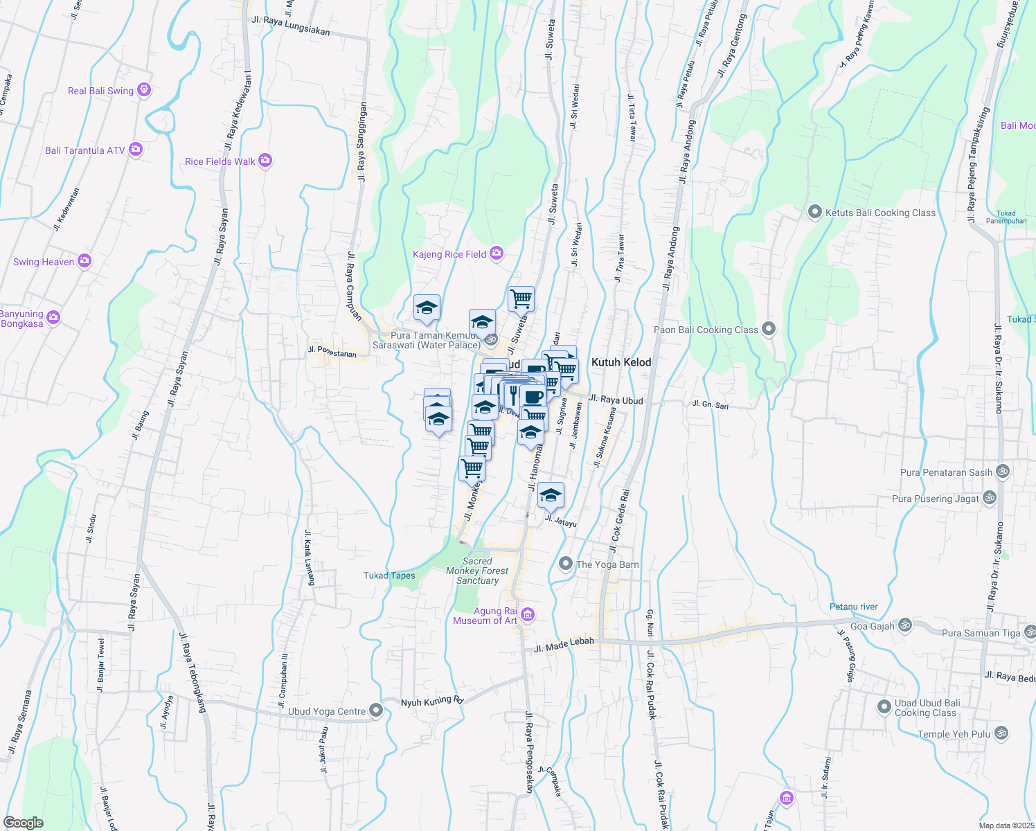 map of restaurants, bars, coffee shops, grocery stores, and more near Jalan Dewi Sita in Ubud