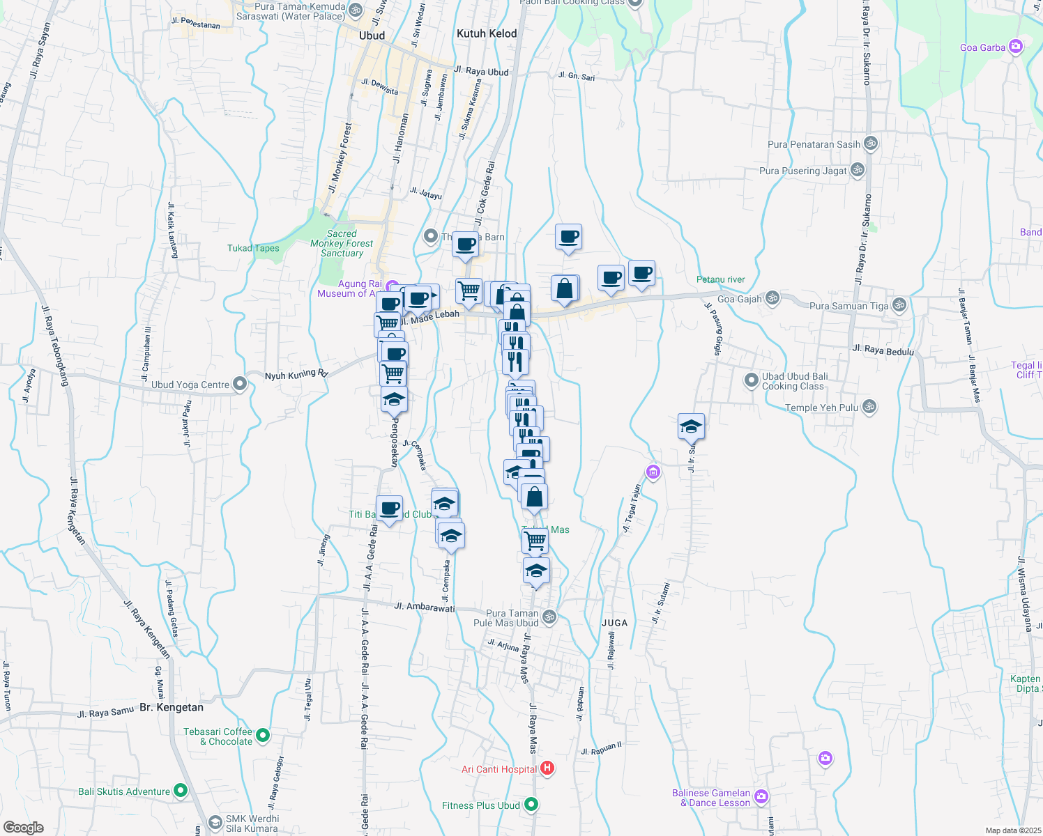 map of restaurants, bars, coffee shops, grocery stores, and more near Jalan Cok Rai Pudak in Gianyar