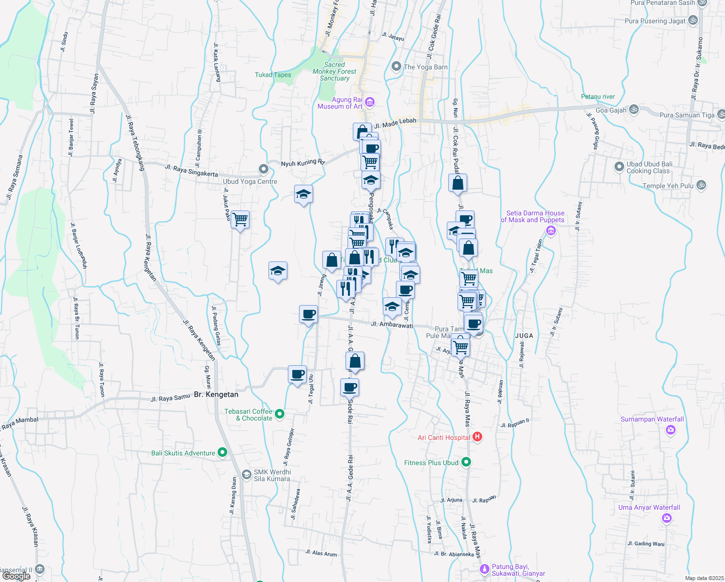 map of restaurants, bars, coffee shops, grocery stores, and more near Jalan Raya Lodtunduh in Kabupaten Gianyar