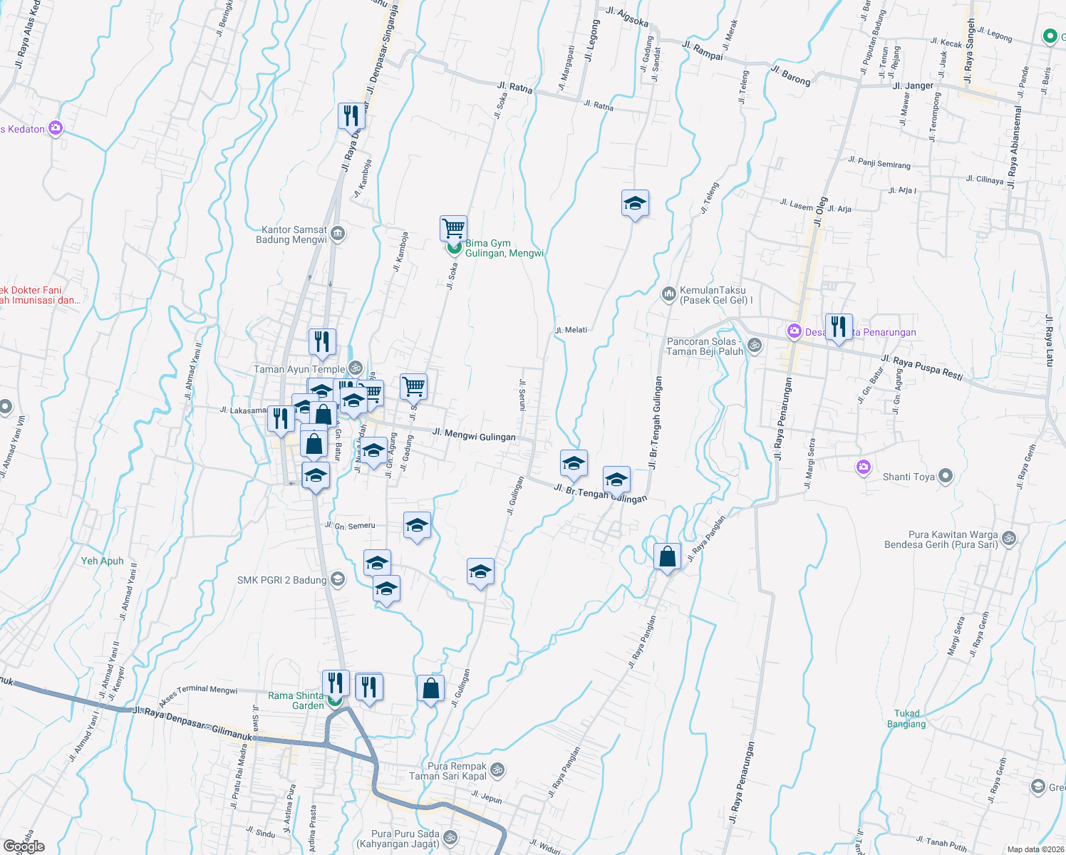 map of restaurants, bars, coffee shops, grocery stores, and more near 7 Jalan Melati in Kabupaten Badung