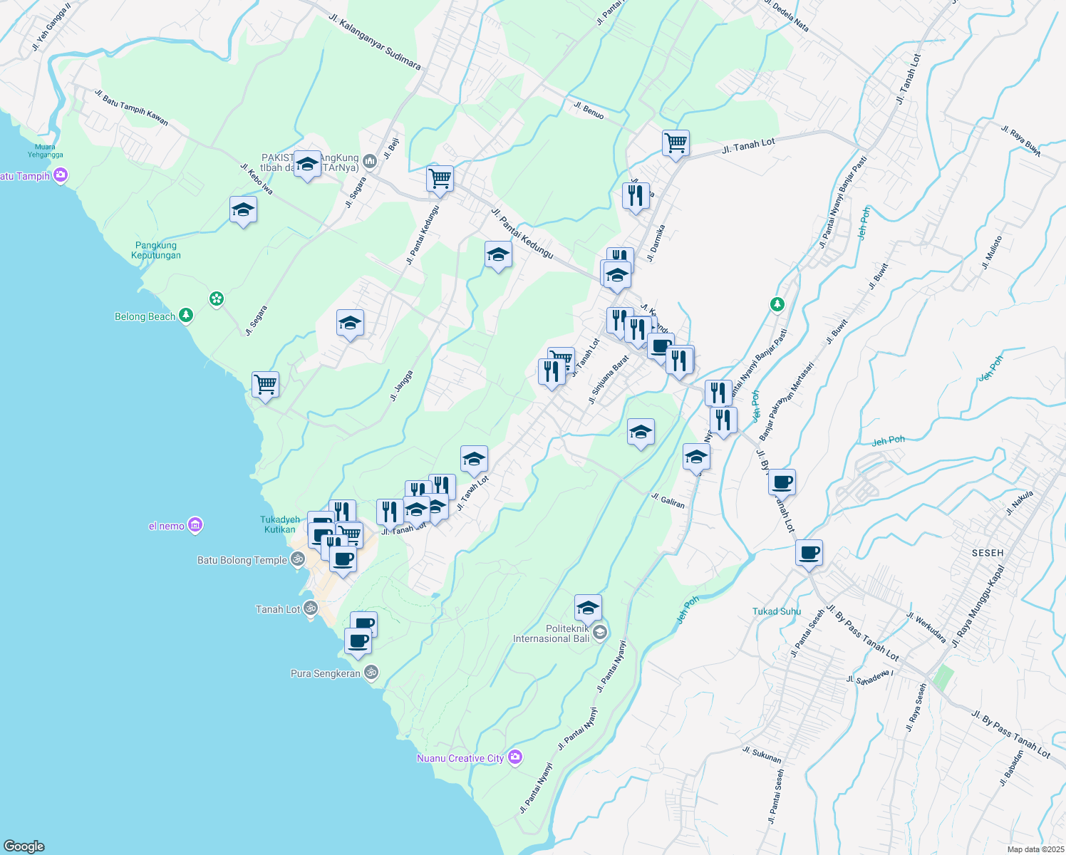 map of restaurants, bars, coffee shops, grocery stores, and more near Jalan Tanah Lot in Kabupaten Tabanan