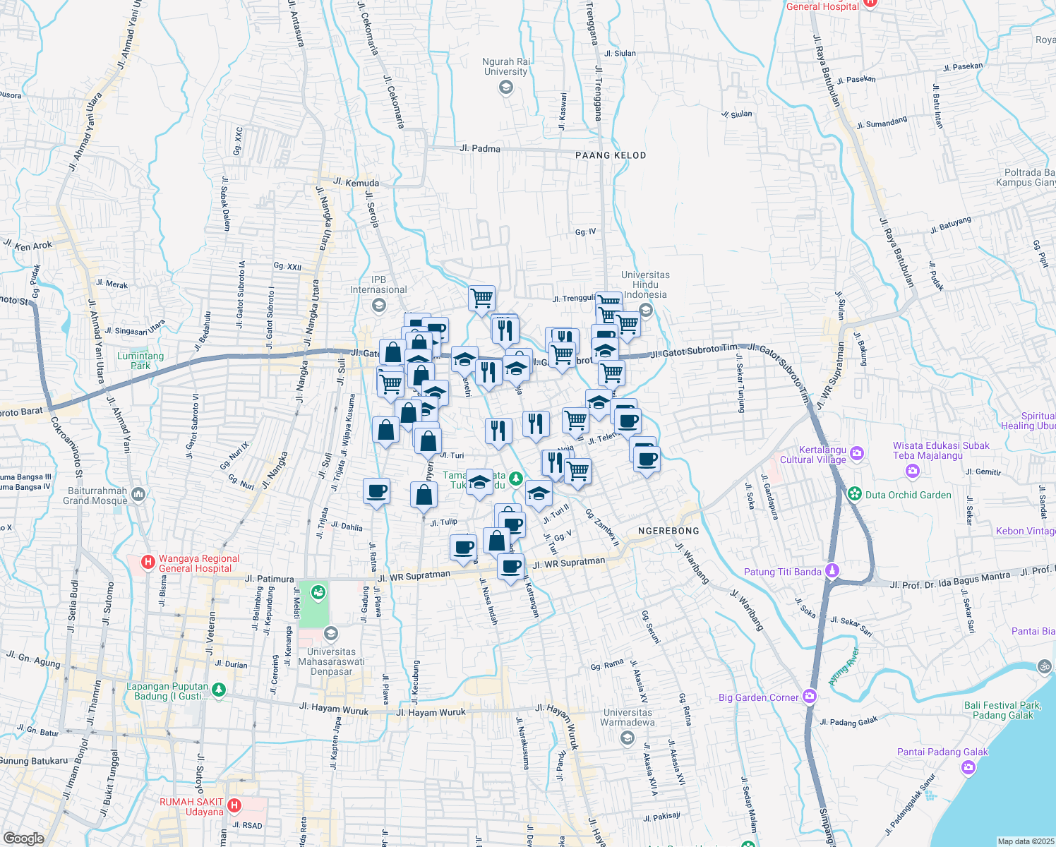 map of restaurants, bars, coffee shops, grocery stores, and more near Jalan Noja in Denpasar