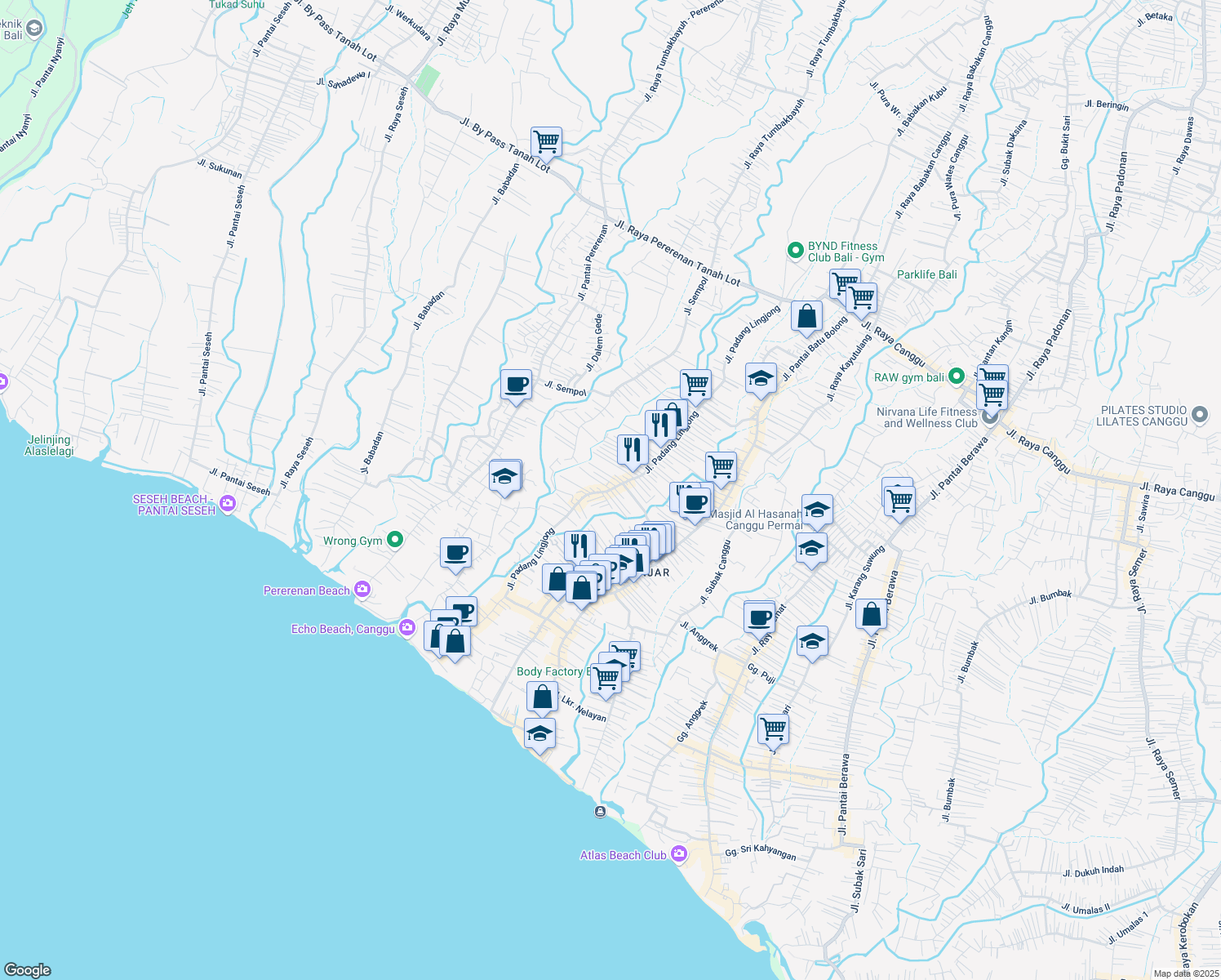 map of restaurants, bars, coffee shops, grocery stores, and more near Jalan Pantai Sentosa in Kuta