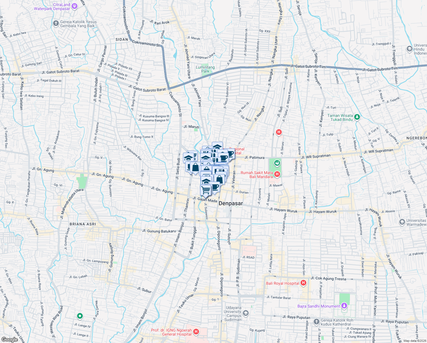 map of restaurants, bars, coffee shops, grocery stores, and more near Jalan Nakula in Denpasar