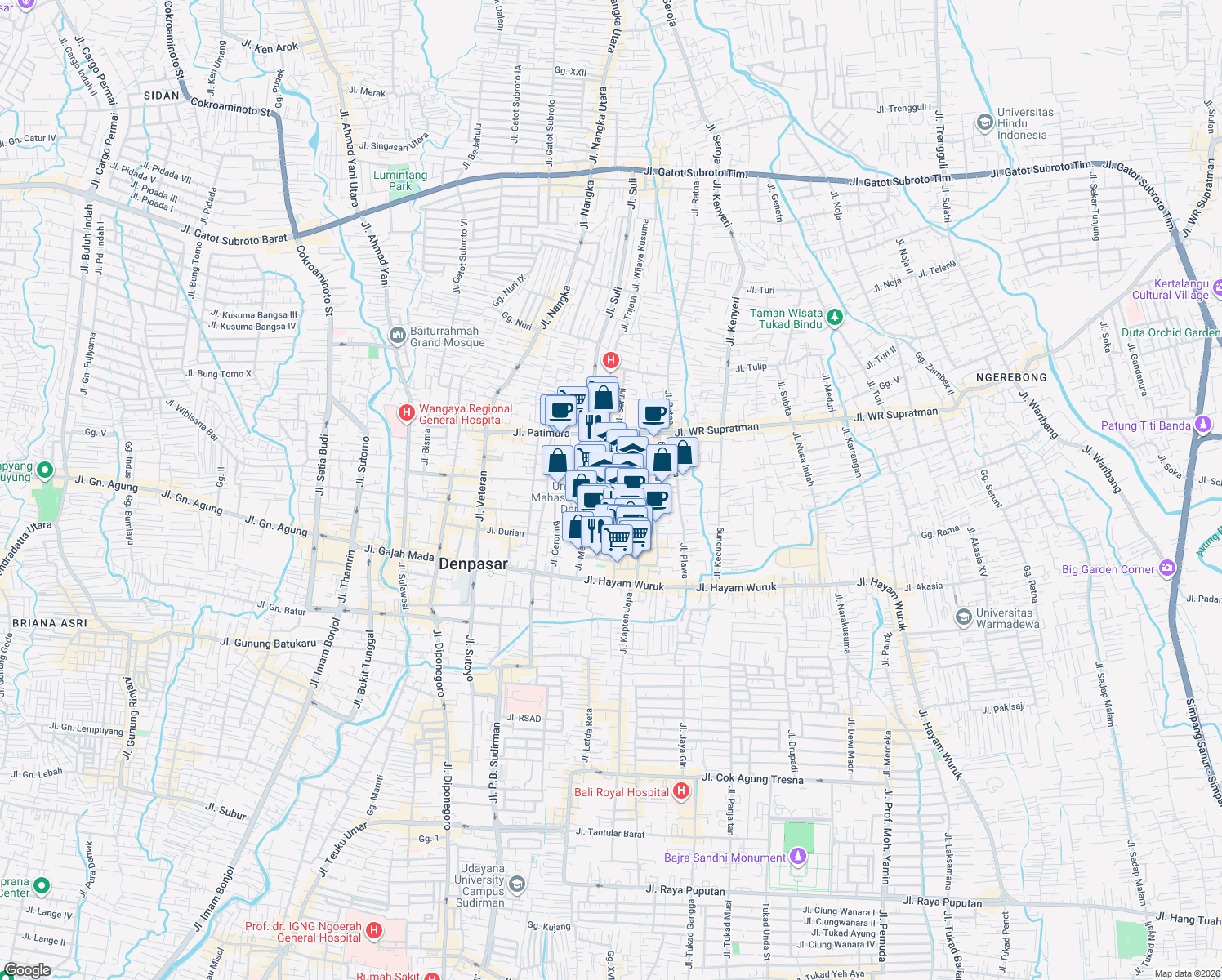map of restaurants, bars, coffee shops, grocery stores, and more near Jalan Angsoka in Denpasar