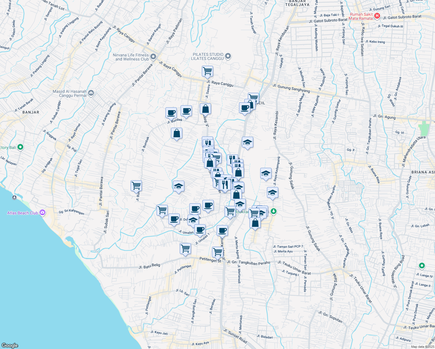 map of restaurants, bars, coffee shops, grocery stores, and more near 8 Gang Nata in Kabupaten Badung