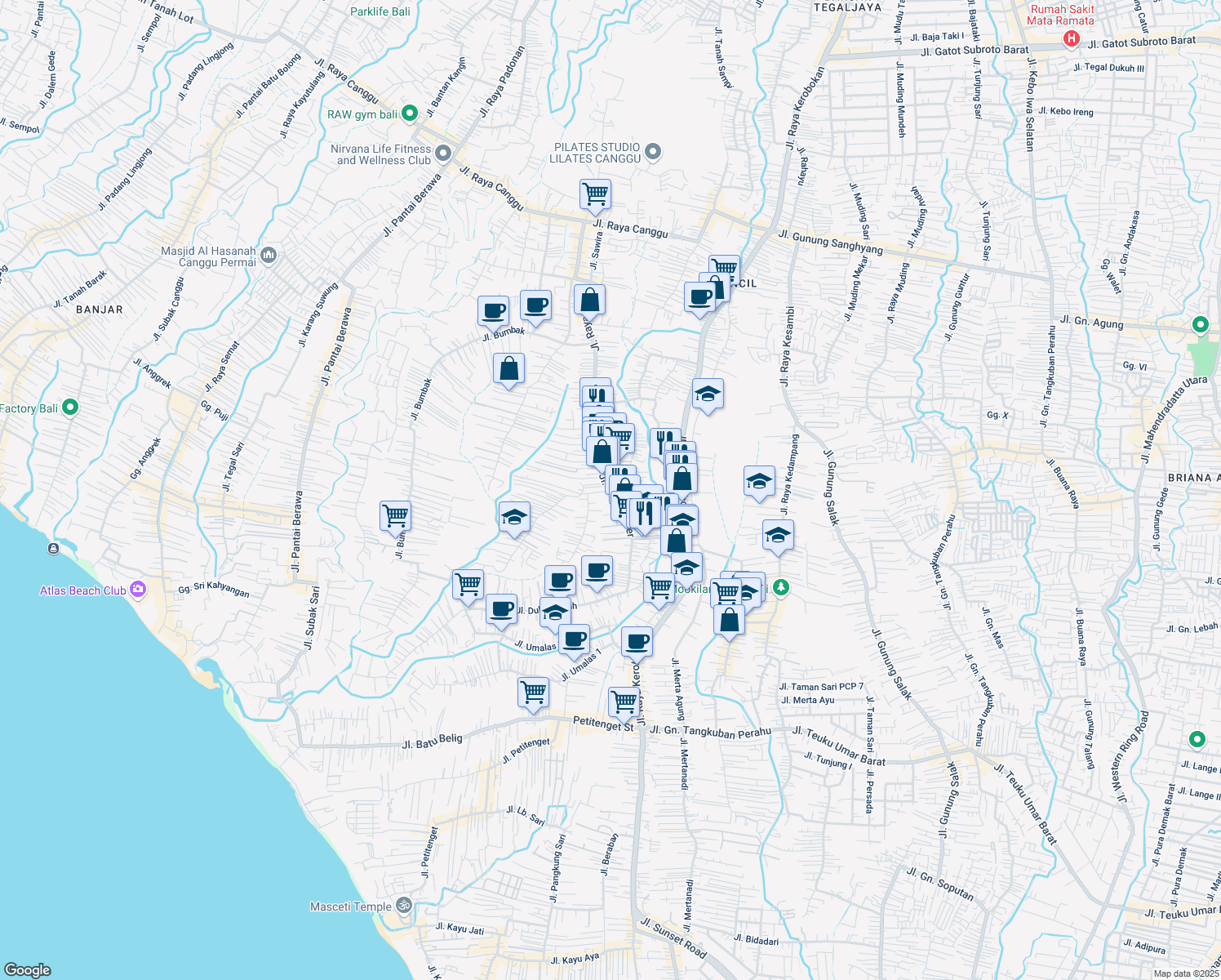 map of restaurants, bars, coffee shops, grocery stores, and more near 8 Gang Nata in Kabupaten Badung