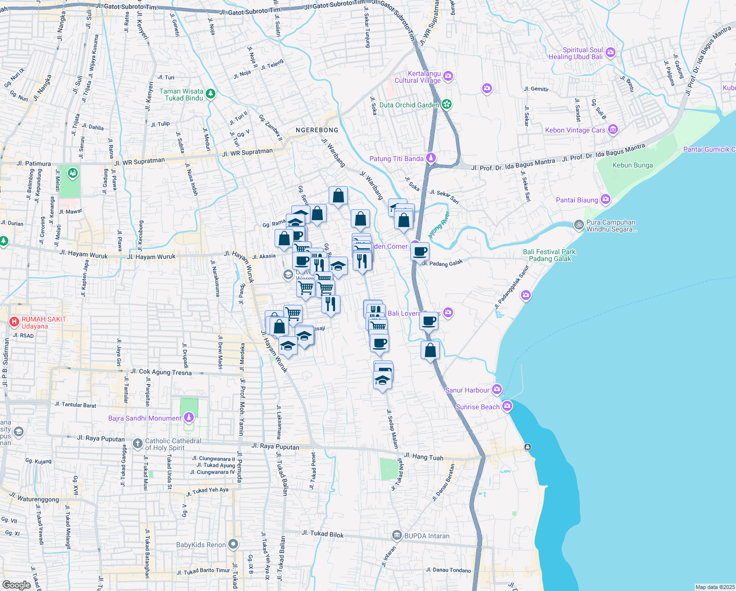map of restaurants, bars, coffee shops, grocery stores, and more near Jalan Sedap Malam in Denpasar
