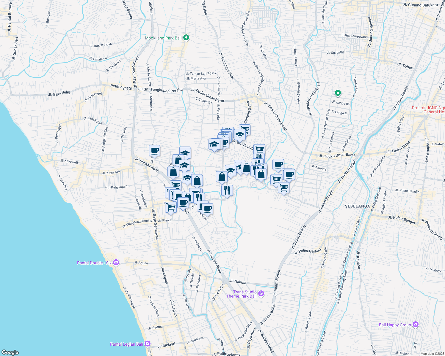 map of restaurants, bars, coffee shops, grocery stores, and more near Jalan Gunung Athena in Denpasar