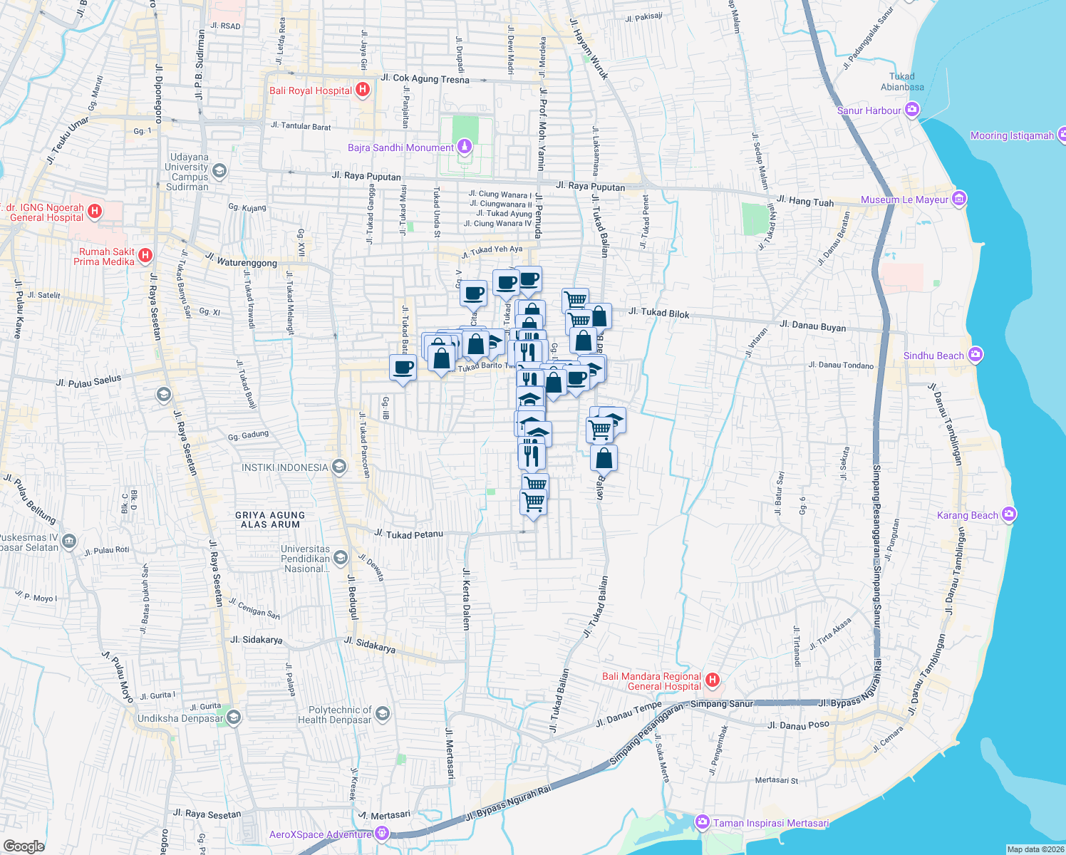 map of restaurants, bars, coffee shops, grocery stores, and more near Jalan Tukad Badung in Denpasar