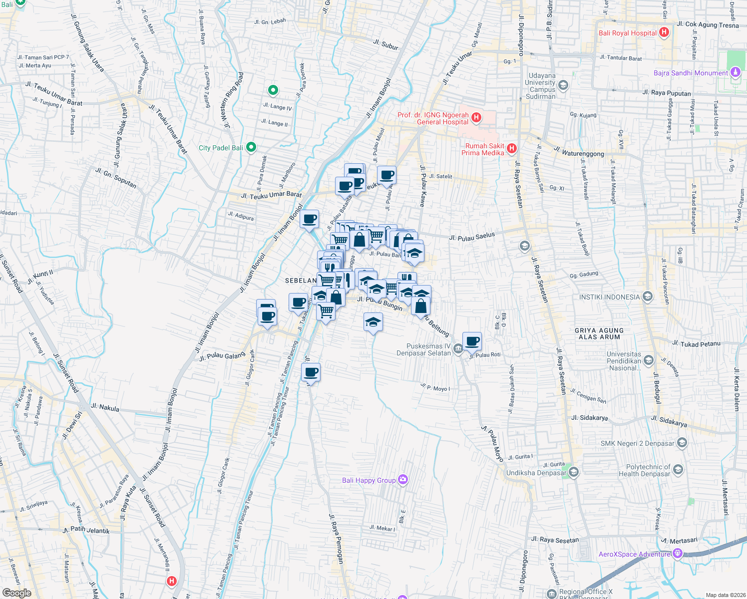 map of restaurants, bars, coffee shops, grocery stores, and more near Jalan Pulau Bungin in Denpasar