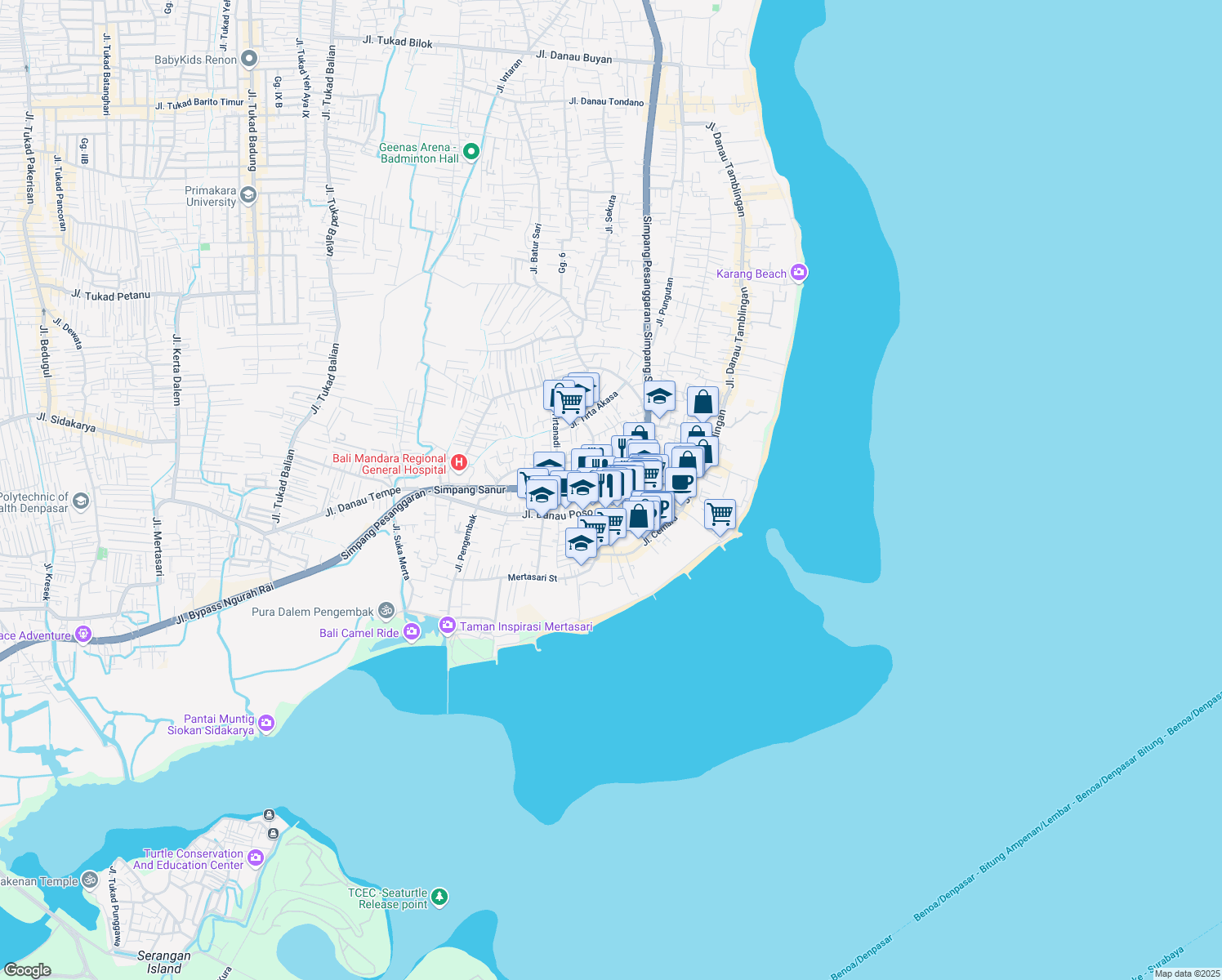 map of restaurants, bars, coffee shops, grocery stores, and more near Jalan Ngurah Rai By Pass in Denpasar