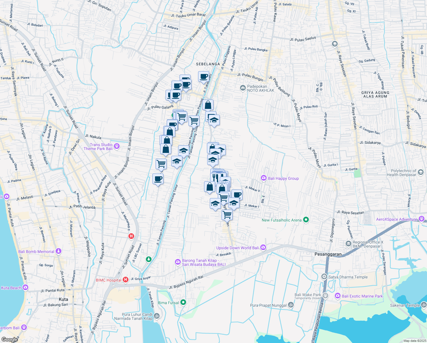map of restaurants, bars, coffee shops, grocery stores, and more near Jalan Pemogan Raya in Denpasar