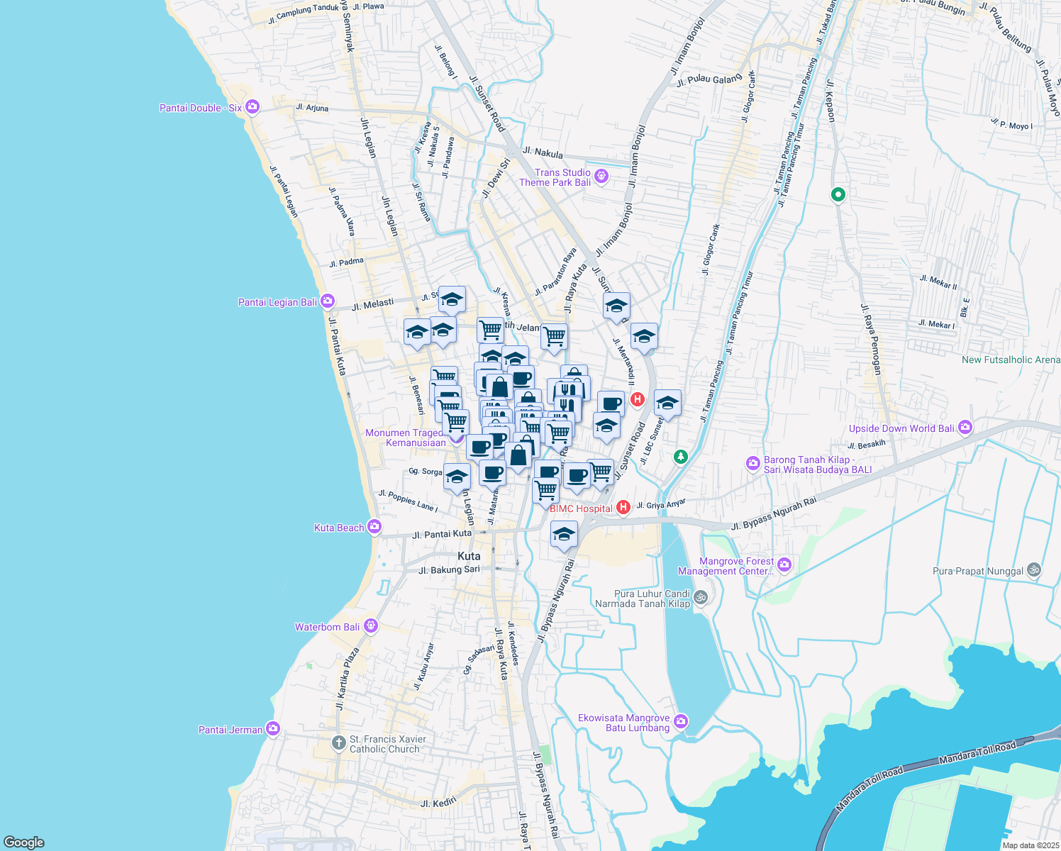 map of restaurants, bars, coffee shops, grocery stores, and more near Jalan Majapahit in Kuta