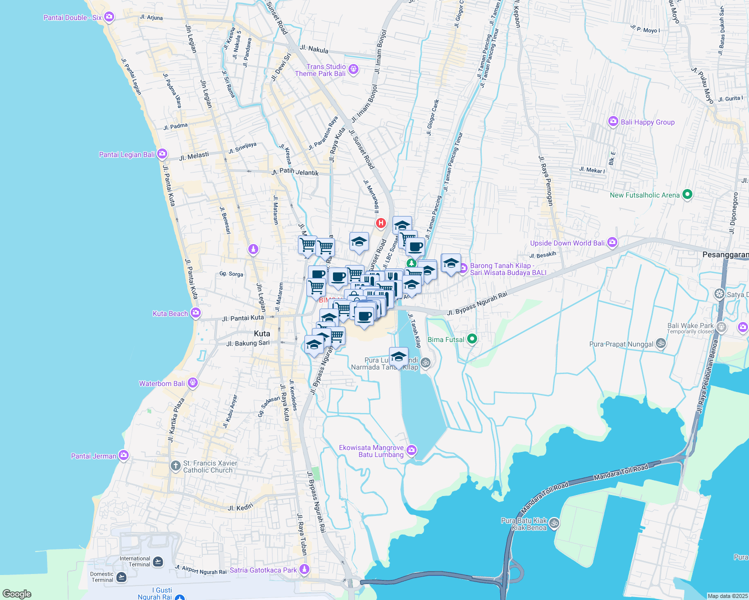map of restaurants, bars, coffee shops, grocery stores, and more near Jalan Griya Anyar in Kuta