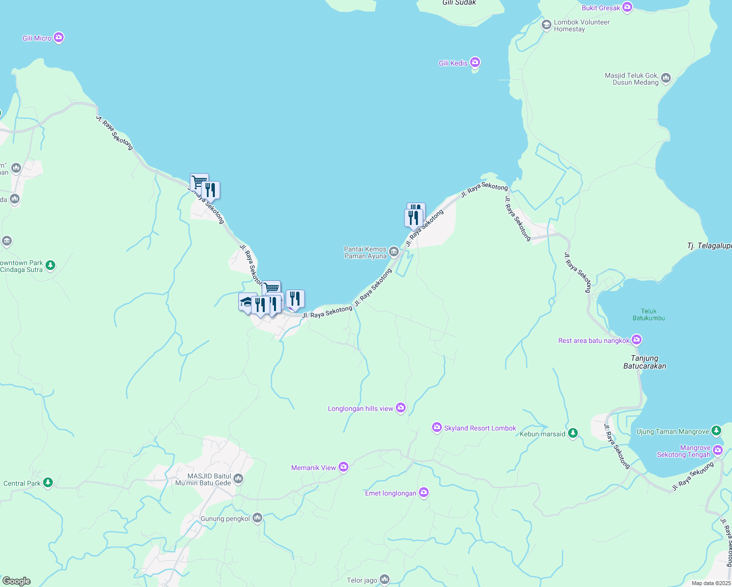 map of restaurants, bars, coffee shops, grocery stores, and more near Jalan Raya Sekotong in Kabupaten Lombok Barat