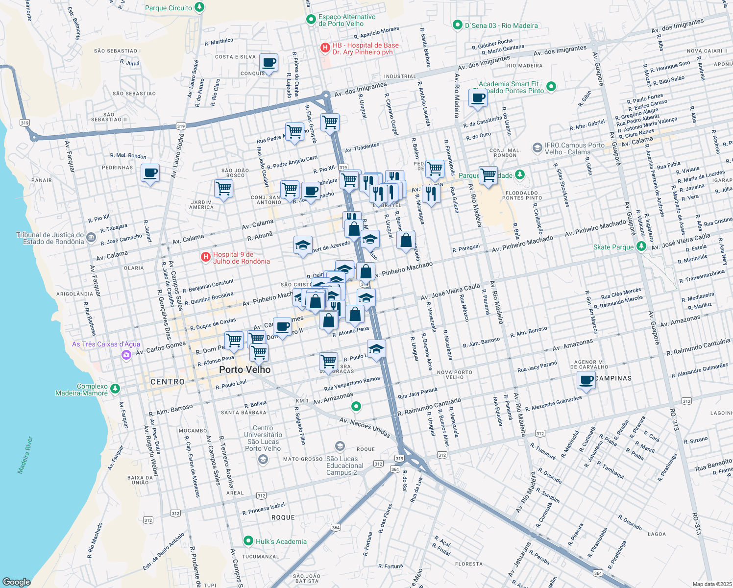 map of restaurants, bars, coffee shops, grocery stores, and more near 1473 Avenida Governador Jorge Teixeira in Porto Velho