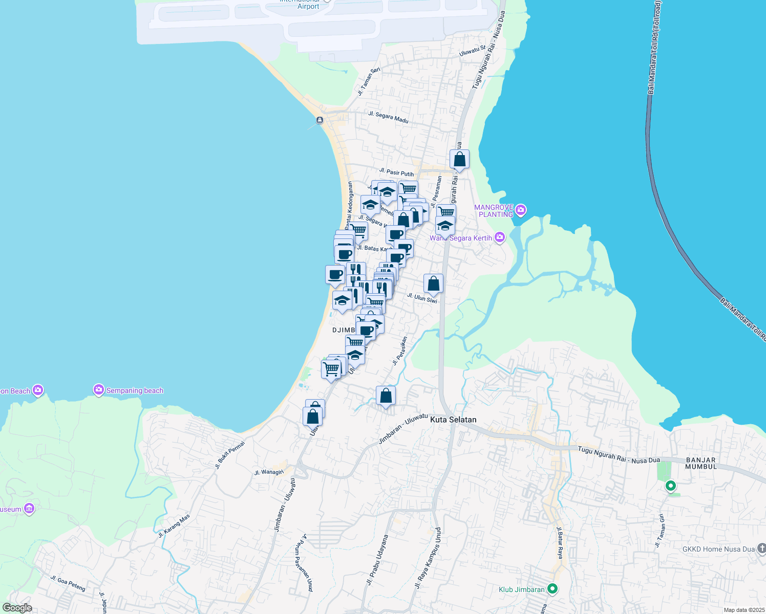 map of restaurants, bars, coffee shops, grocery stores, and more near 112 Jalan Raya Uluwatu in Kabupaten Badung