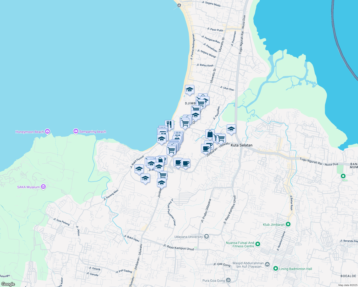map of restaurants, bars, coffee shops, grocery stores, and more near 115 Jalan Raya Uluwatu in Kabupaten Badung