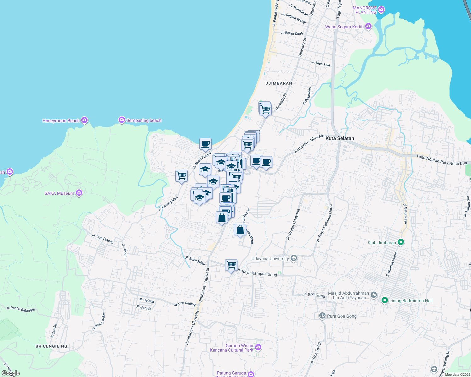 map of restaurants, bars, coffee shops, grocery stores, and more near 178 Jalan Raya Uluwatu in Kabupaten Badung