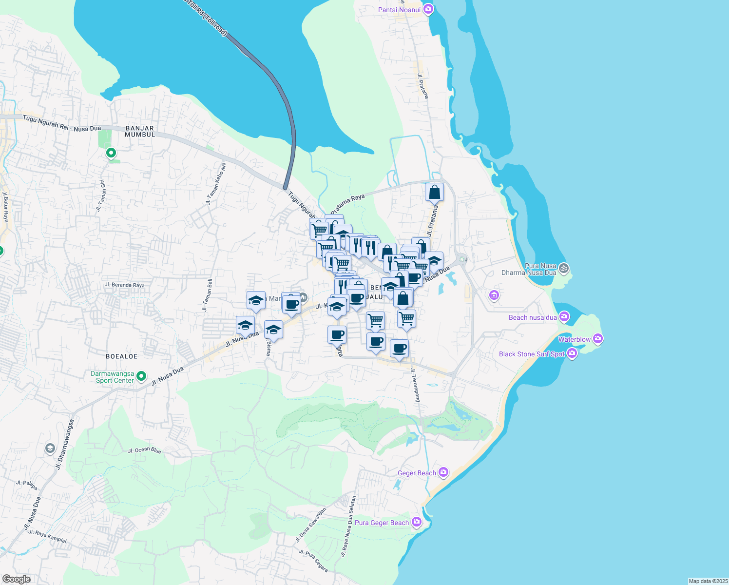 map of restaurants, bars, coffee shops, grocery stores, and more near Jalan Kurusetra Nusa Dua Bali in South Kuta