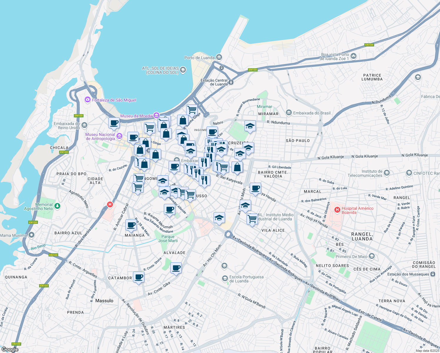 map of restaurants, bars, coffee shops, grocery stores, and more near Rua Rei Katyavala in Luanda
