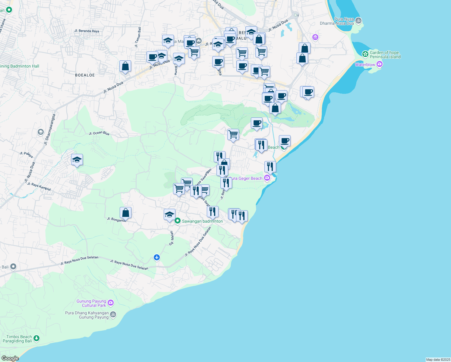 map of restaurants, bars, coffee shops, grocery stores, and more near Jalan Nusa Dua Selatan in Kuta