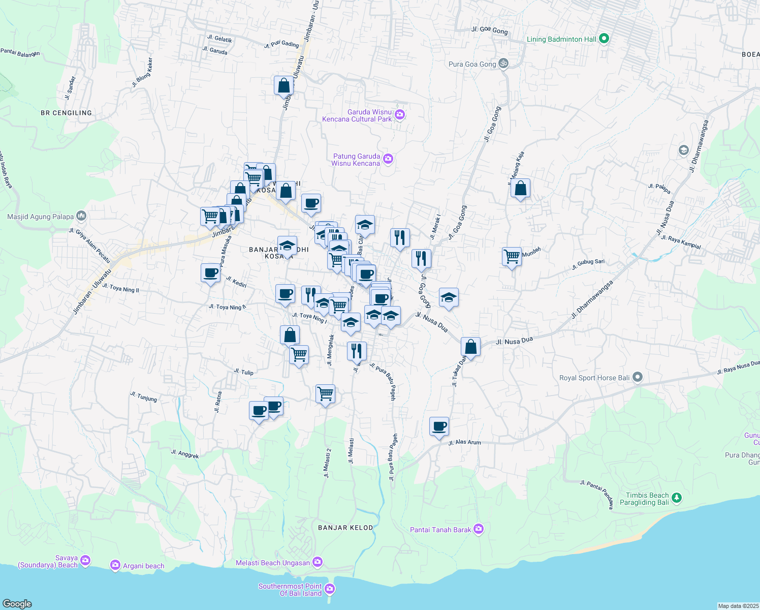 map of restaurants, bars, coffee shops, grocery stores, and more near 9 Jalan Bali Cliff in Kabupaten Badung