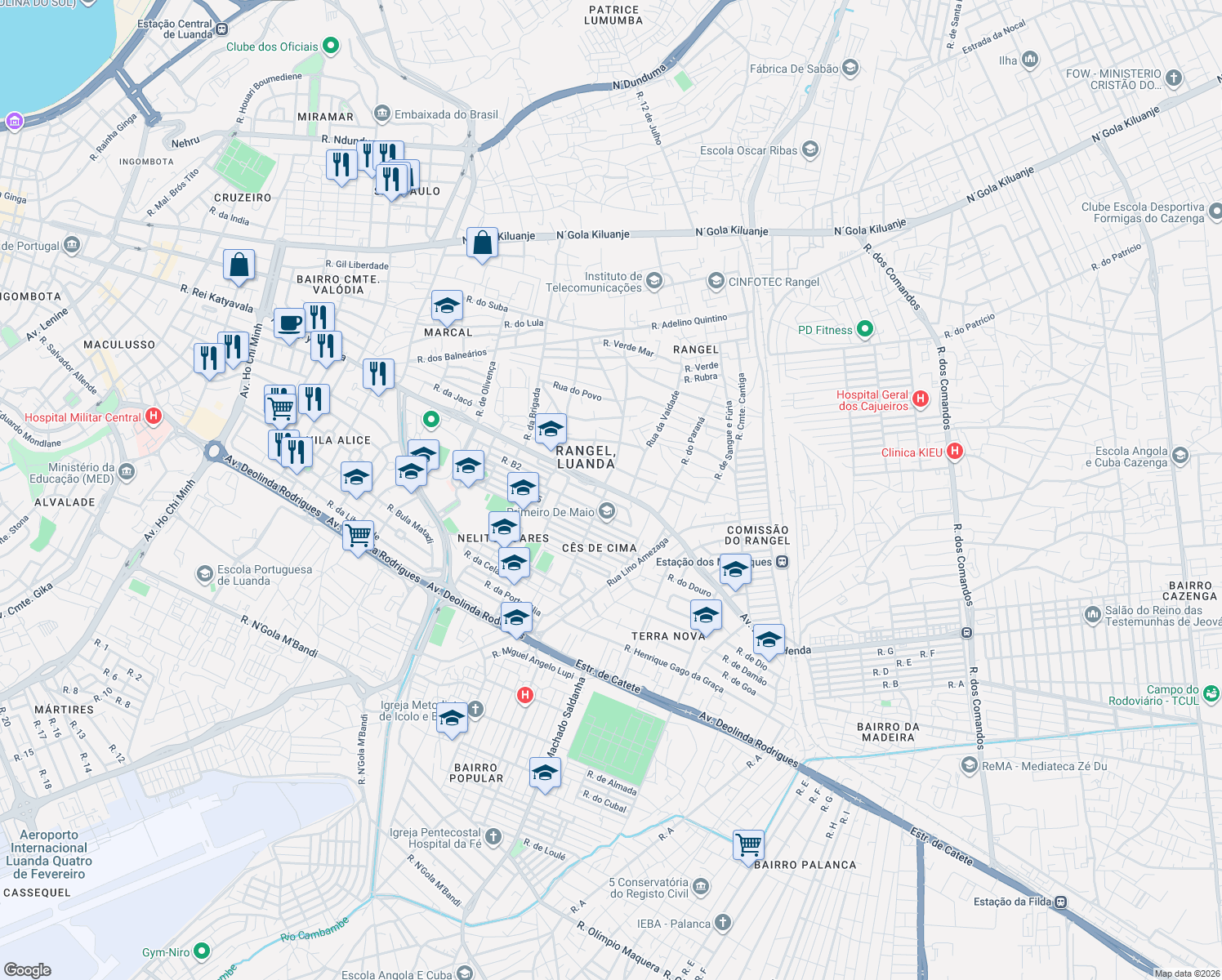 map of restaurants, bars, coffee shops, grocery stores, and more near Avenida Hoji ya Henda in Luanda