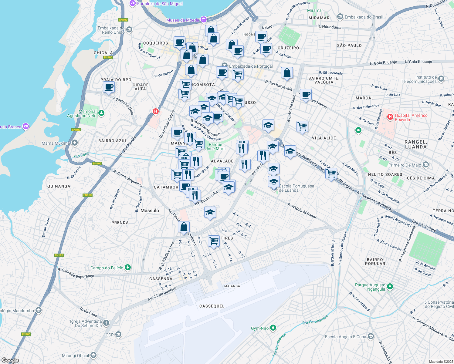 map of restaurants, bars, coffee shops, grocery stores, and more near Avenida Comandante Gika in Luanda