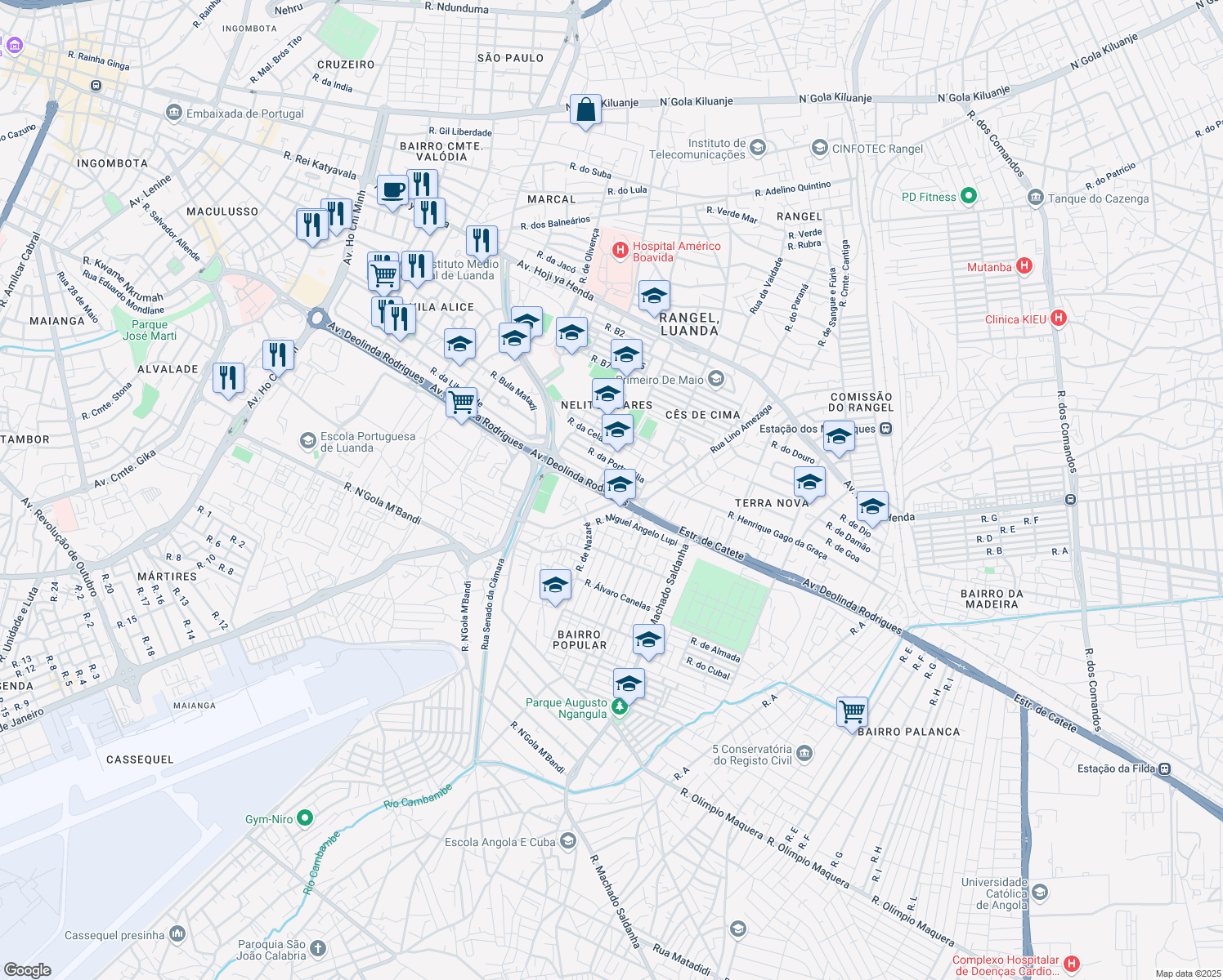 map of restaurants, bars, coffee shops, grocery stores, and more near Avenida Deolinda Rodrigues in Luanda