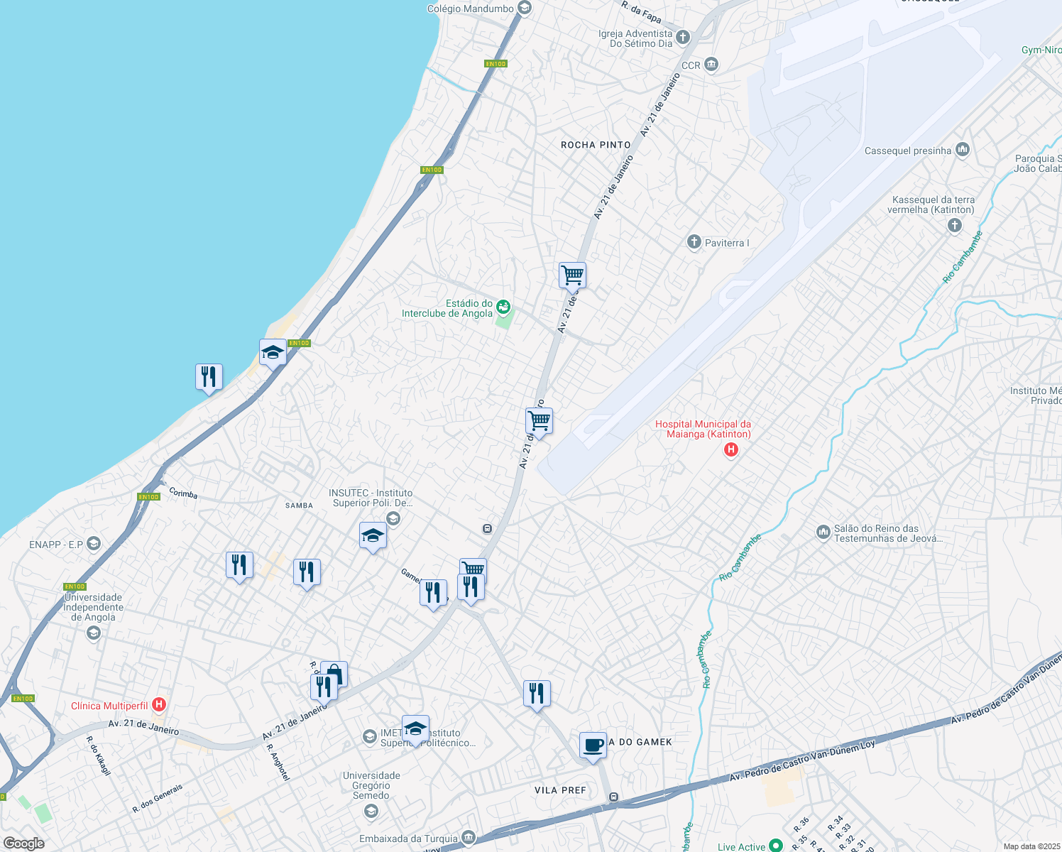 map of restaurants, bars, coffee shops, grocery stores, and more near Avenida 21 de Janeiro in Luanda