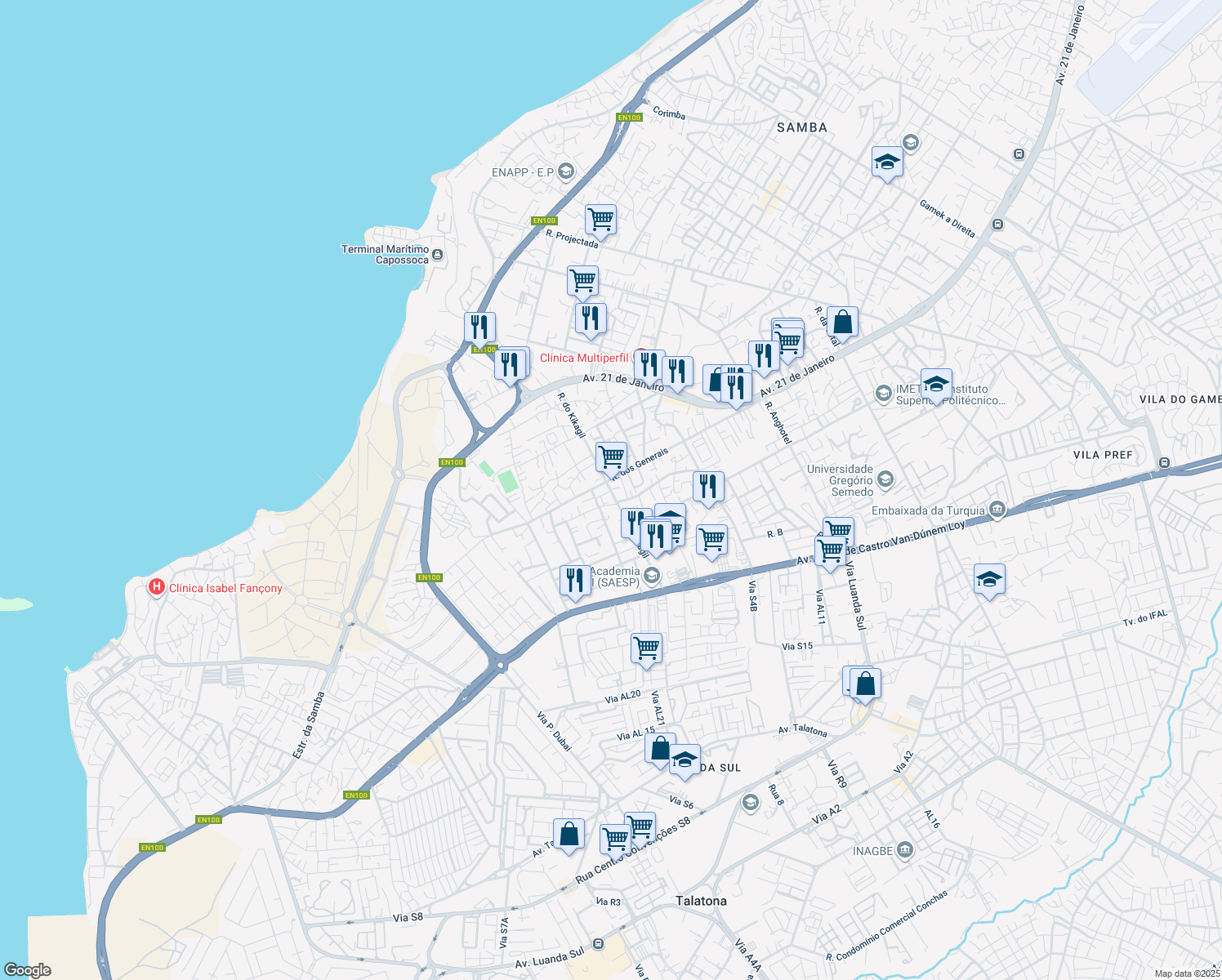 map of restaurants, bars, coffee shops, grocery stores, and more near Rua do Kikagil in Luanda