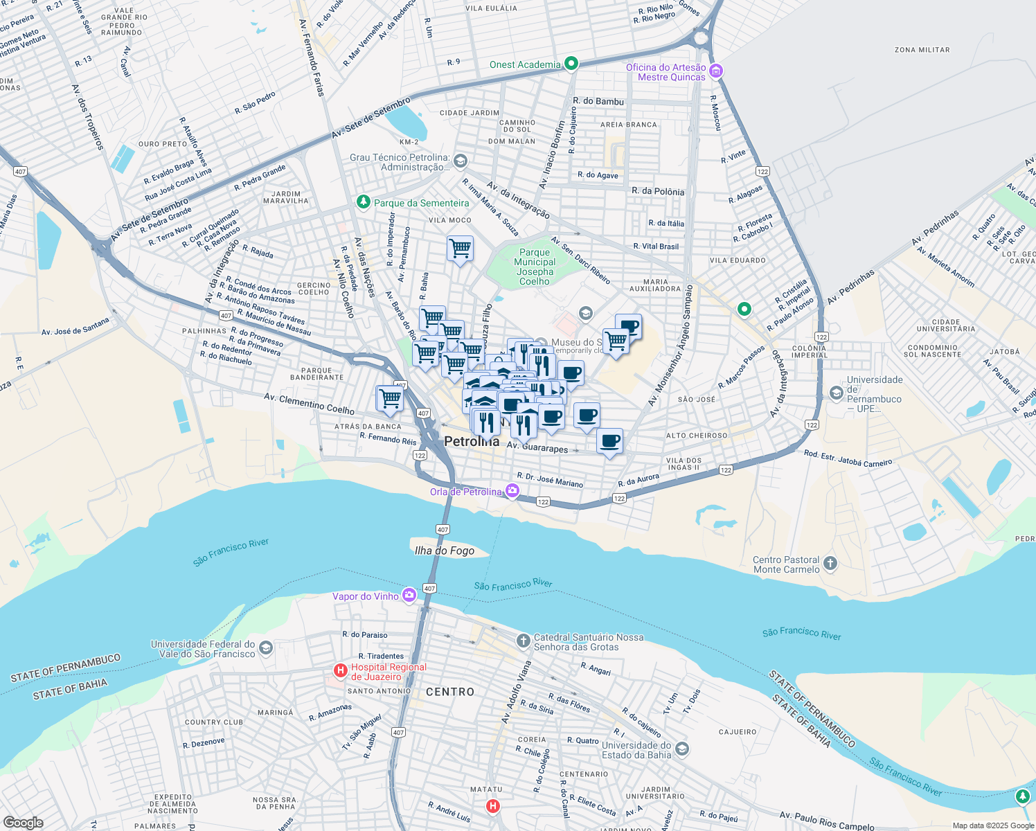 map of restaurants, bars, coffee shops, grocery stores, and more near Rua Joaquim Nabuco in Petrolina