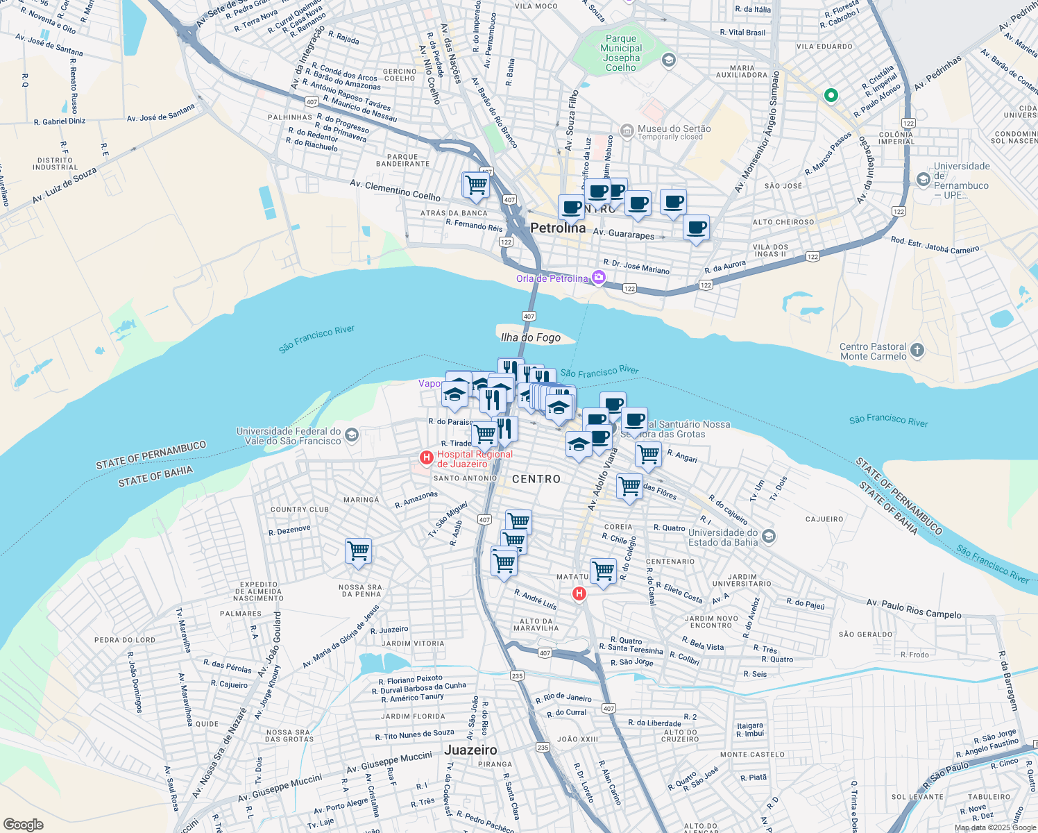 map of restaurants, bars, coffee shops, grocery stores, and more near 10 Tv Edson Ribeiro in Juazeiro