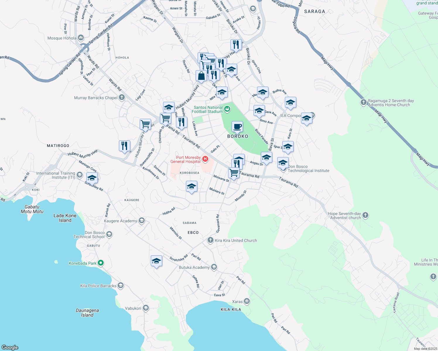 map of restaurants, bars, coffee shops, grocery stores, and more near Kano Pl. in Port Moresby
