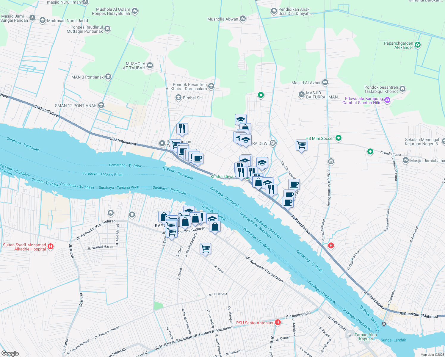 map of restaurants, bars, coffee shops, grocery stores, and more near Jalan Khatulistiwa in Kota Pontianak