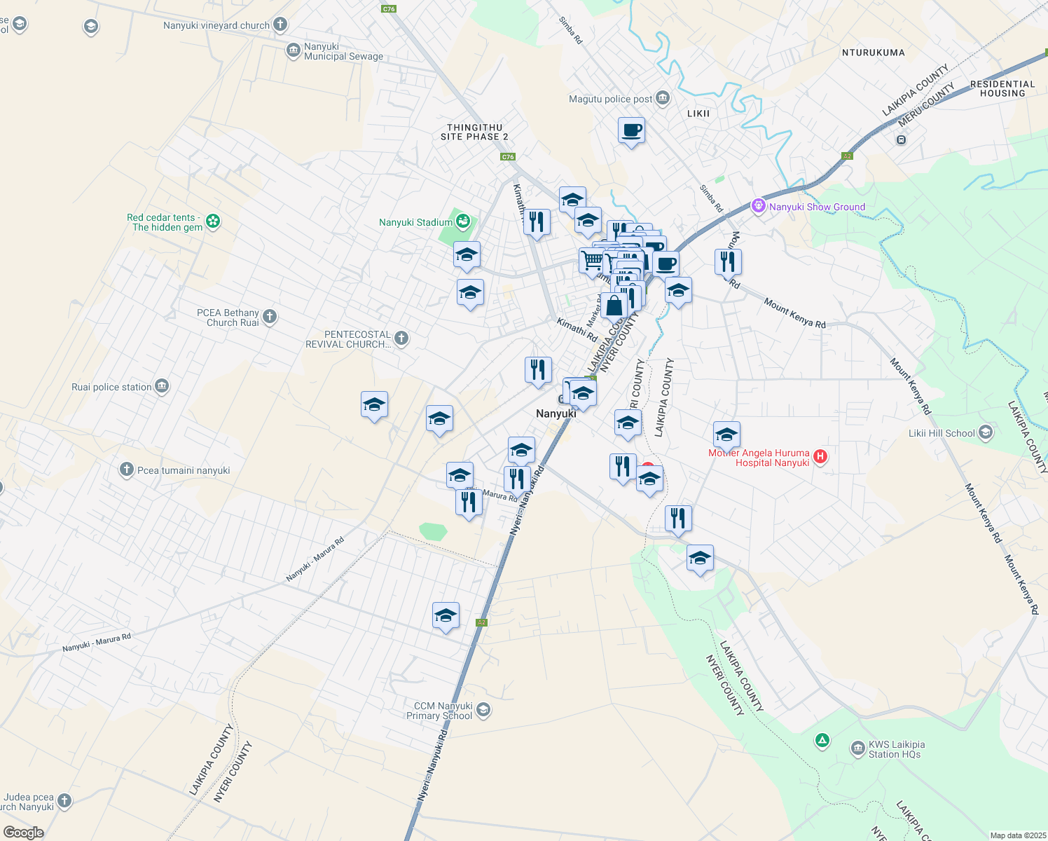 map of restaurants, bars, coffee shops, grocery stores, and more near in Nanyuki