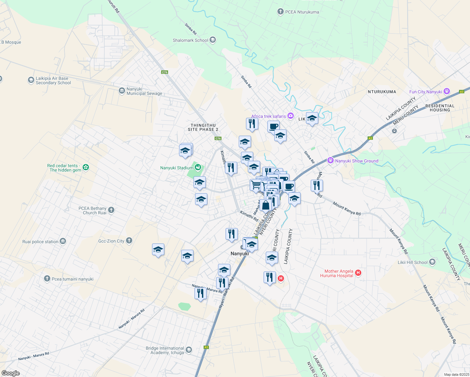 map of restaurants, bars, coffee shops, grocery stores, and more near Lumumba Road in Nanyuki