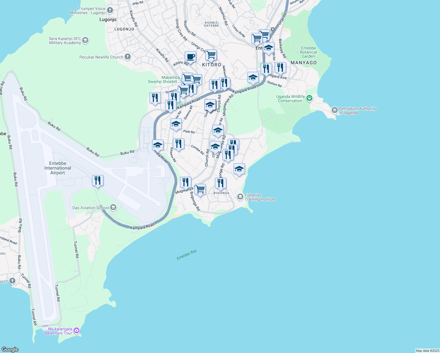 map of restaurants, bars, coffee shops, grocery stores, and more near Bugonga Road in Entebbe