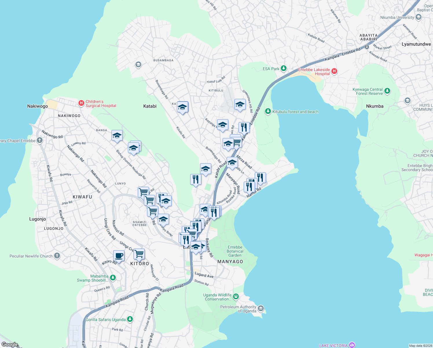 map of restaurants, bars, coffee shops, grocery stores, and more near Katabi Road in Entebbe