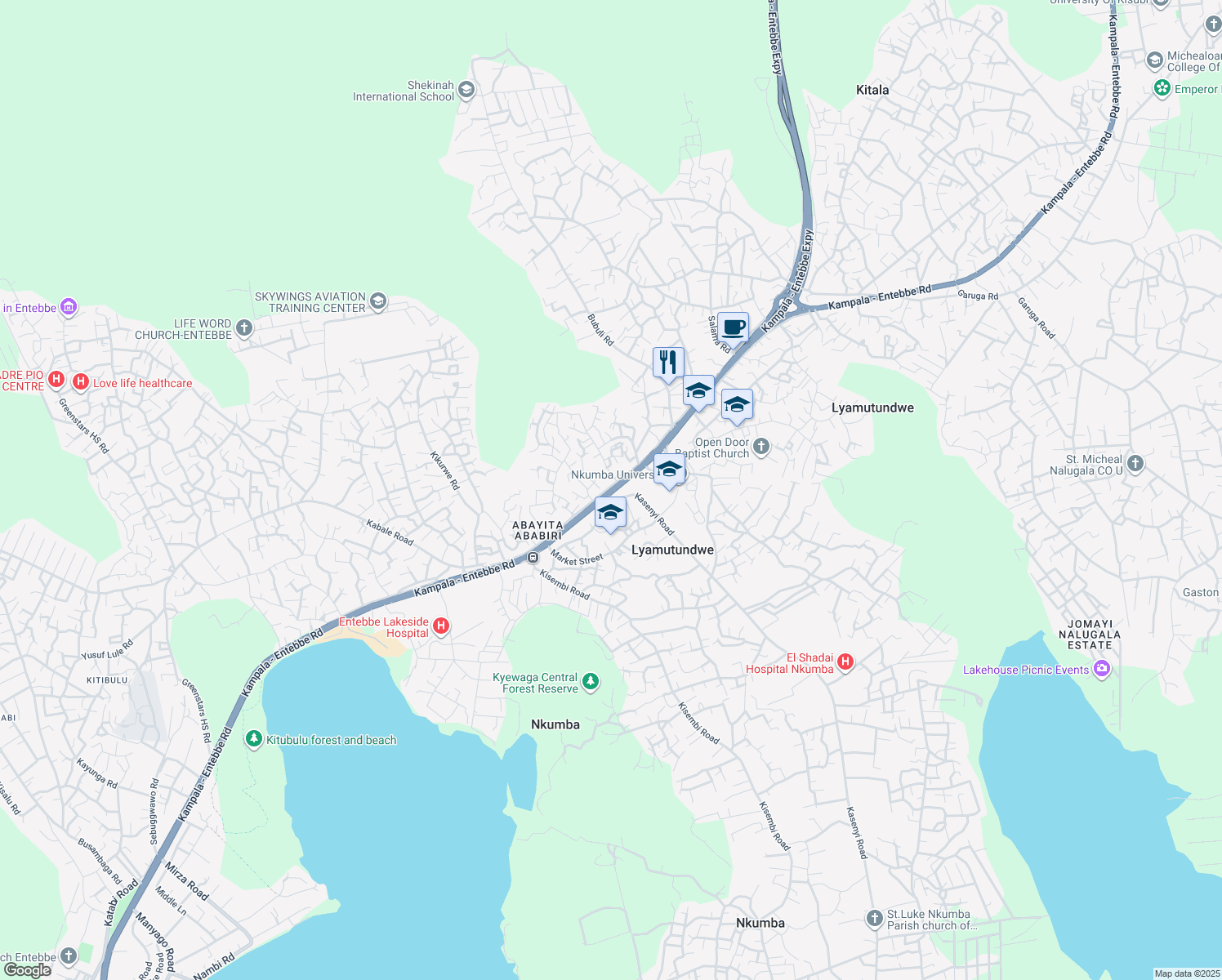 map of restaurants, bars, coffee shops, grocery stores, and more near Kampala - Entebbe Road in Lyamutundwe