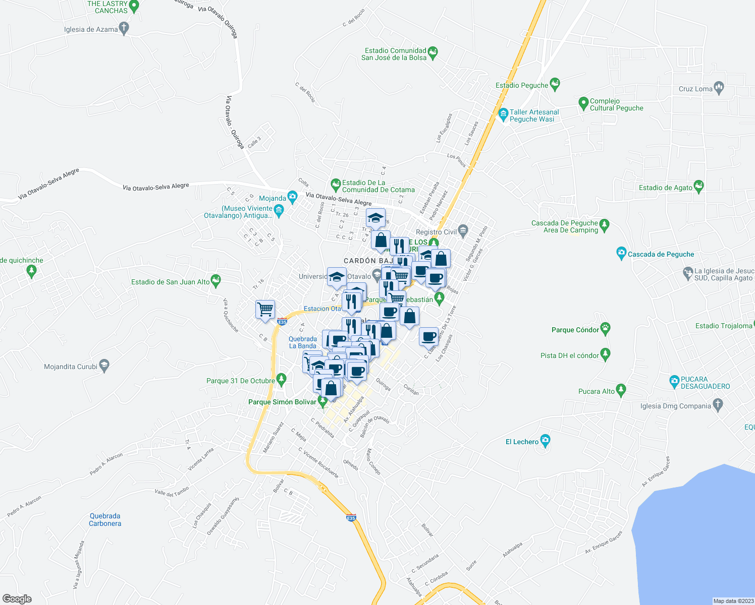 map of restaurants, bars, coffee shops, grocery stores, and more near Carretera Panamericana in Otavalo