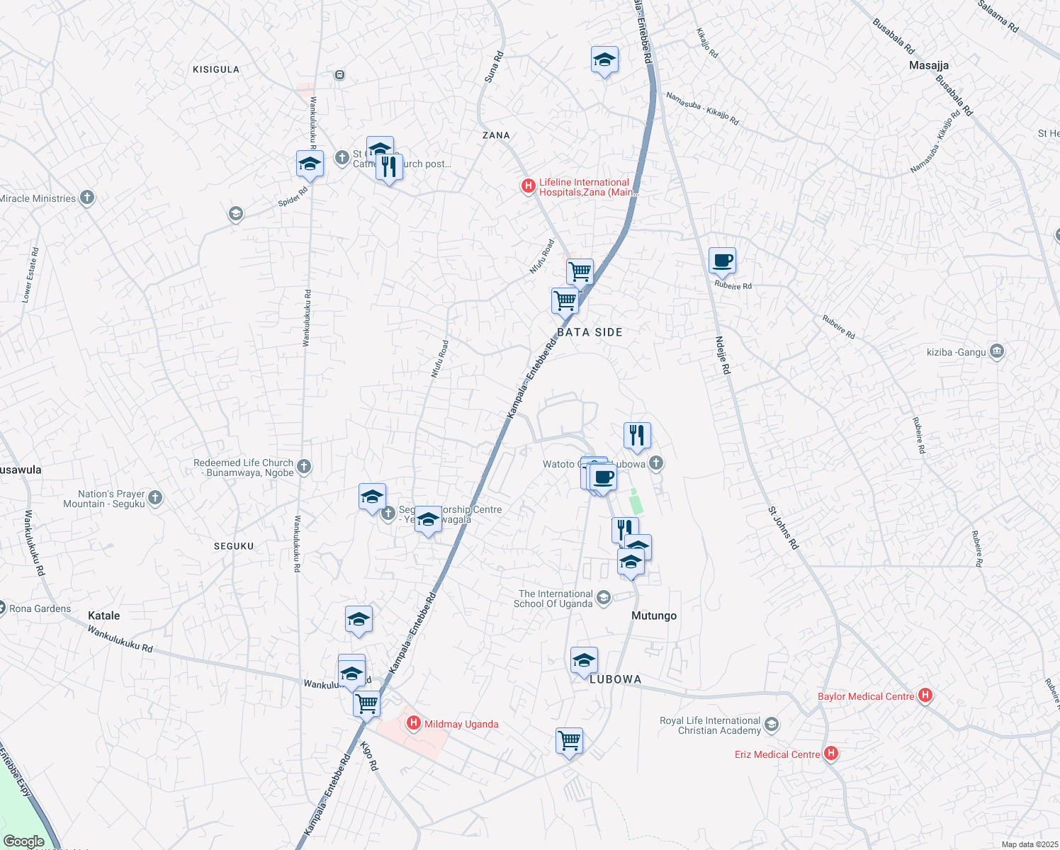 map of restaurants, bars, coffee shops, grocery stores, and more near Lubowa Road in Kampala