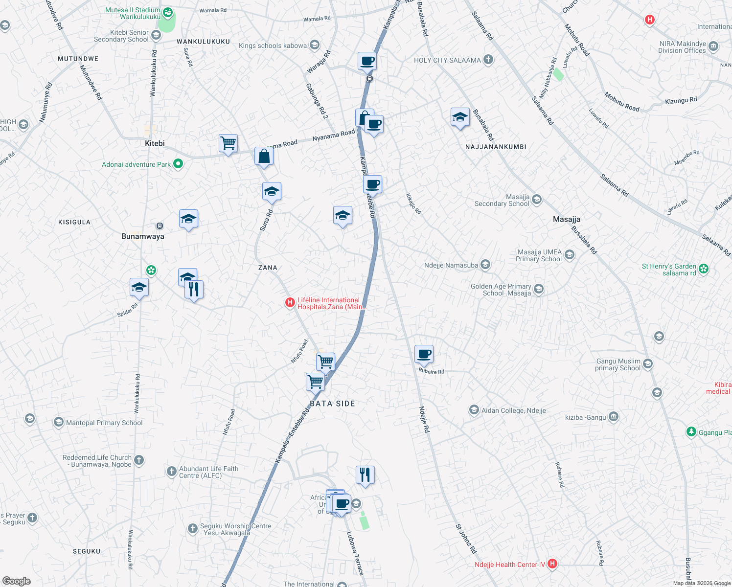 map of restaurants, bars, coffee shops, grocery stores, and more near Kampala - Entebbe Road in Kampala