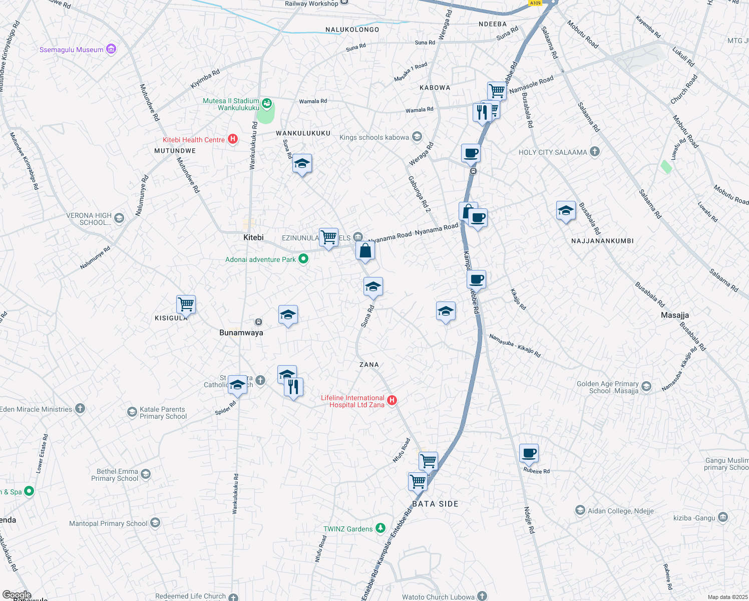 map of restaurants, bars, coffee shops, grocery stores, and more near Suna Road in Kampala