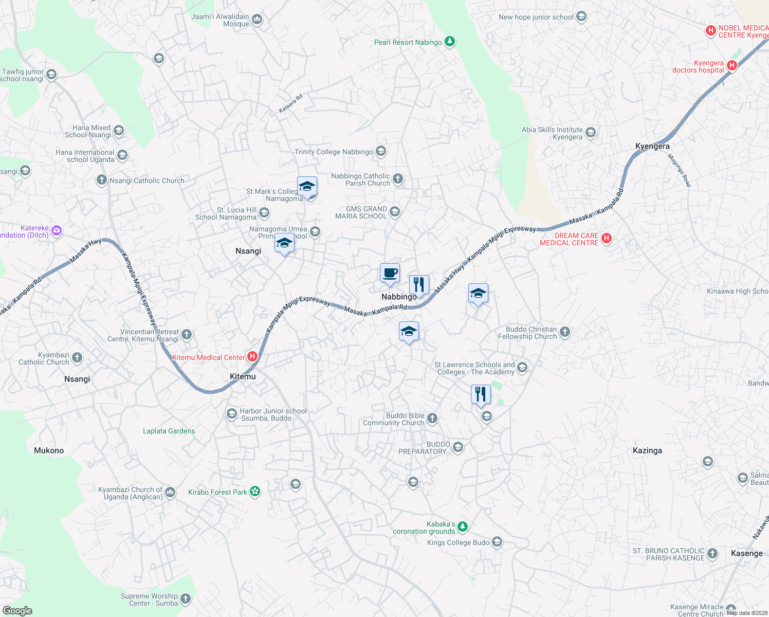 map of restaurants, bars, coffee shops, grocery stores, and more near Masaka Road in Nabbingo