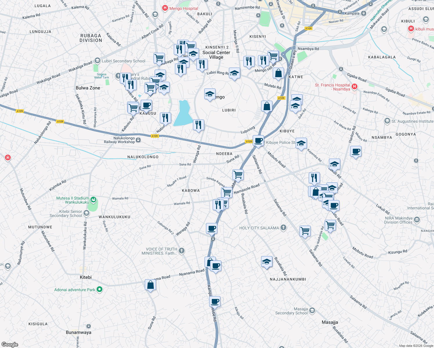 map of restaurants, bars, coffee shops, grocery stores, and more near 30 Kampala - Entebbe Road in Kampala