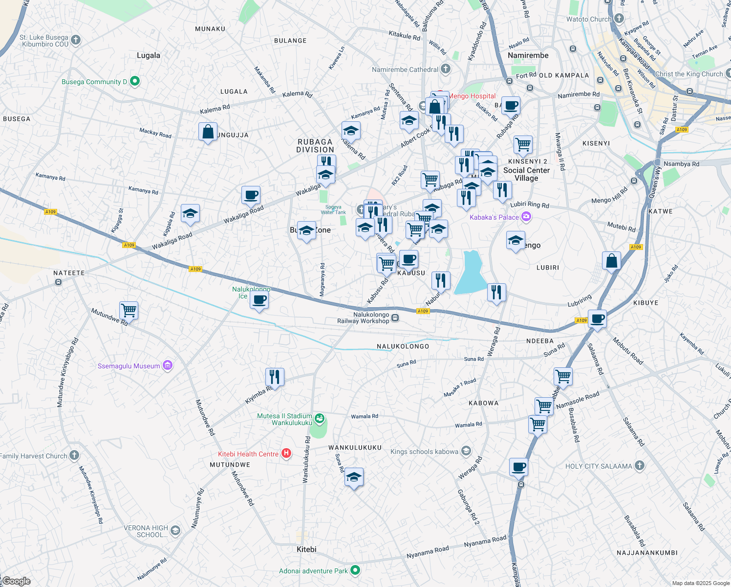 map of restaurants, bars, coffee shops, grocery stores, and more near Kabusu Road in Kampala